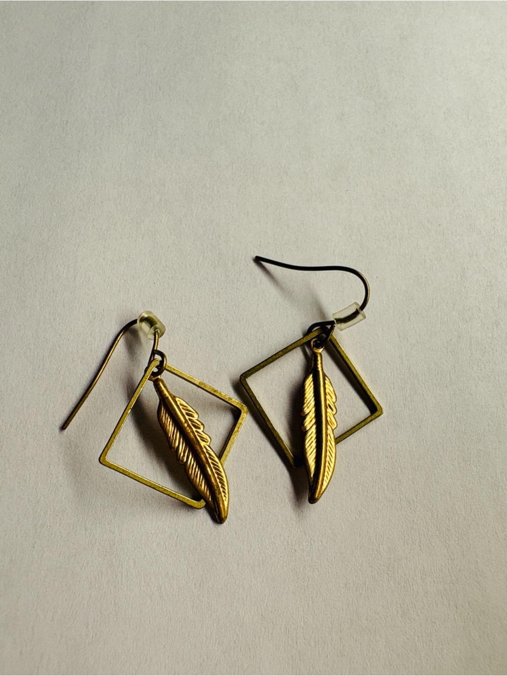 Gold Feather Dangle Earrings with Square Frame - Women Jewelry